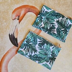 3/$25 Bundle Of 2 Event Blossom Zipper Cosmetic Pouch Tropical Print Green White